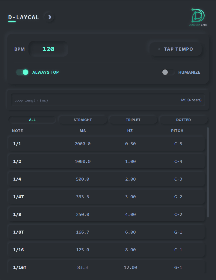 D-LAYCAL Interface Screenshot - Dark Mode